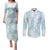 Hawaii Plumeria Lei Couples Matching Puletasi and Long Sleeve Button Shirt Aloha Festive Vibe - Turquoise