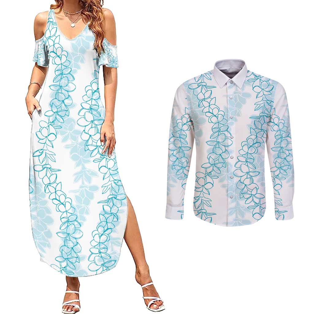 Hawaii Plumeria Lei Couples Matching Summer Maxi Dress and Long Sleeve Button Shirt Aloha Festive Vibe - Turquoise