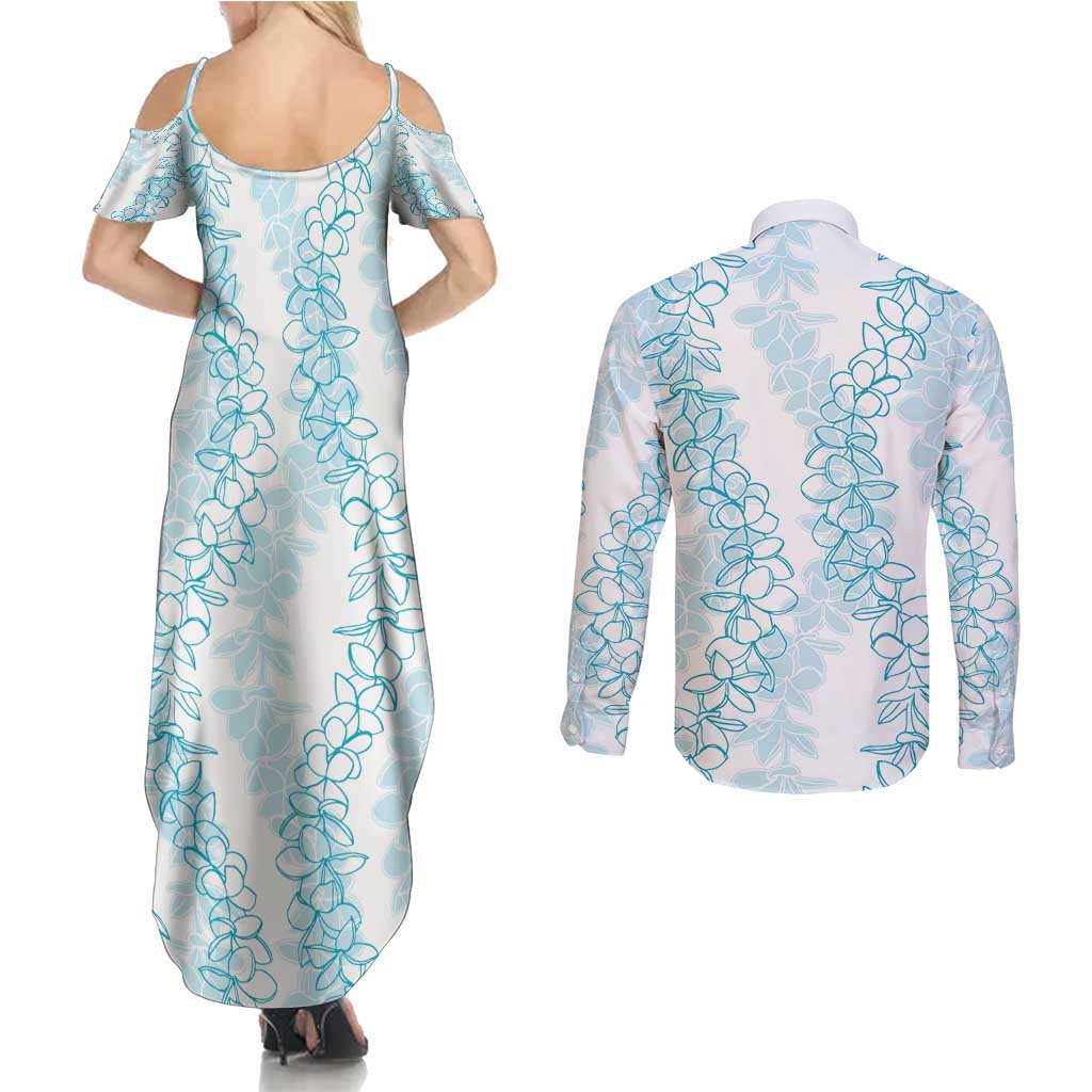 Hawaii Plumeria Lei Couples Matching Summer Maxi Dress and Long Sleeve Button Shirt Aloha Festive Vibe - Turquoise