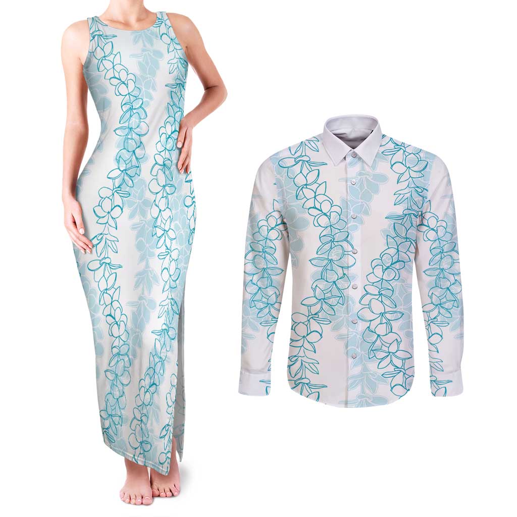 Hawaii Plumeria Lei Couples Matching Tank Maxi Dress and Long Sleeve Button Shirt Aloha Festive Vibe - Turquoise