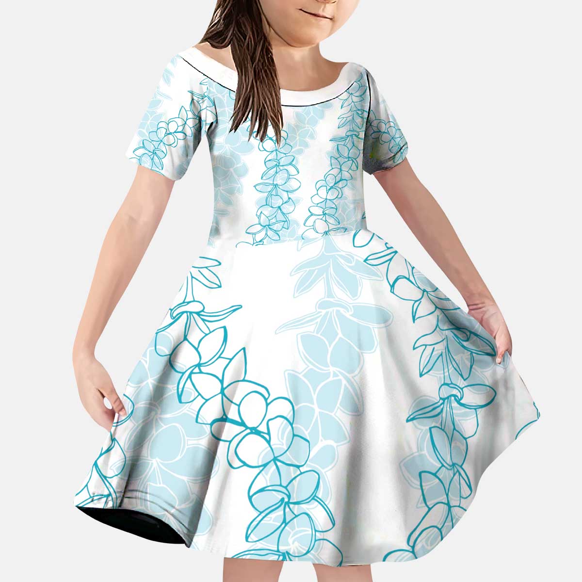 Hawaii Plumeria Lei Kid Short Sleeve Dress Aloha Festive Vibe - Turquoise