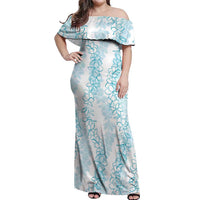 Hawaii Plumeria Lei Off Shoulder Maxi Dress Aloha Festive Vibe - Turquoise
