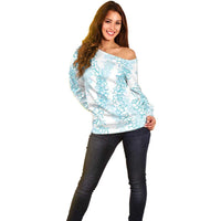 Hawaii Plumeria Lei Off Shoulder Sweater Aloha Festive Vibe - Turquoise