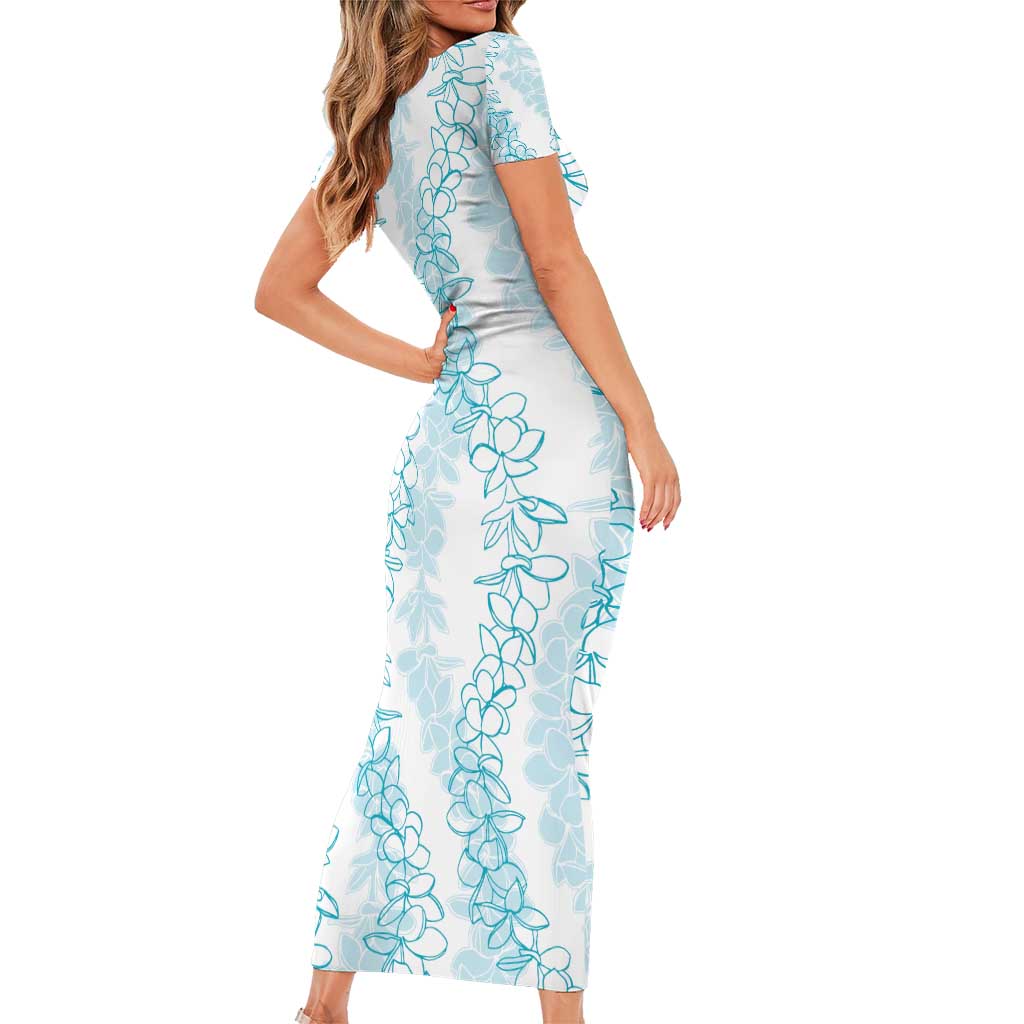 Hawaii Plumeria Lei Short Sleeve Bodycon Dress Aloha Festive Vibe - Turquoise LT7 - Polynesian Pride