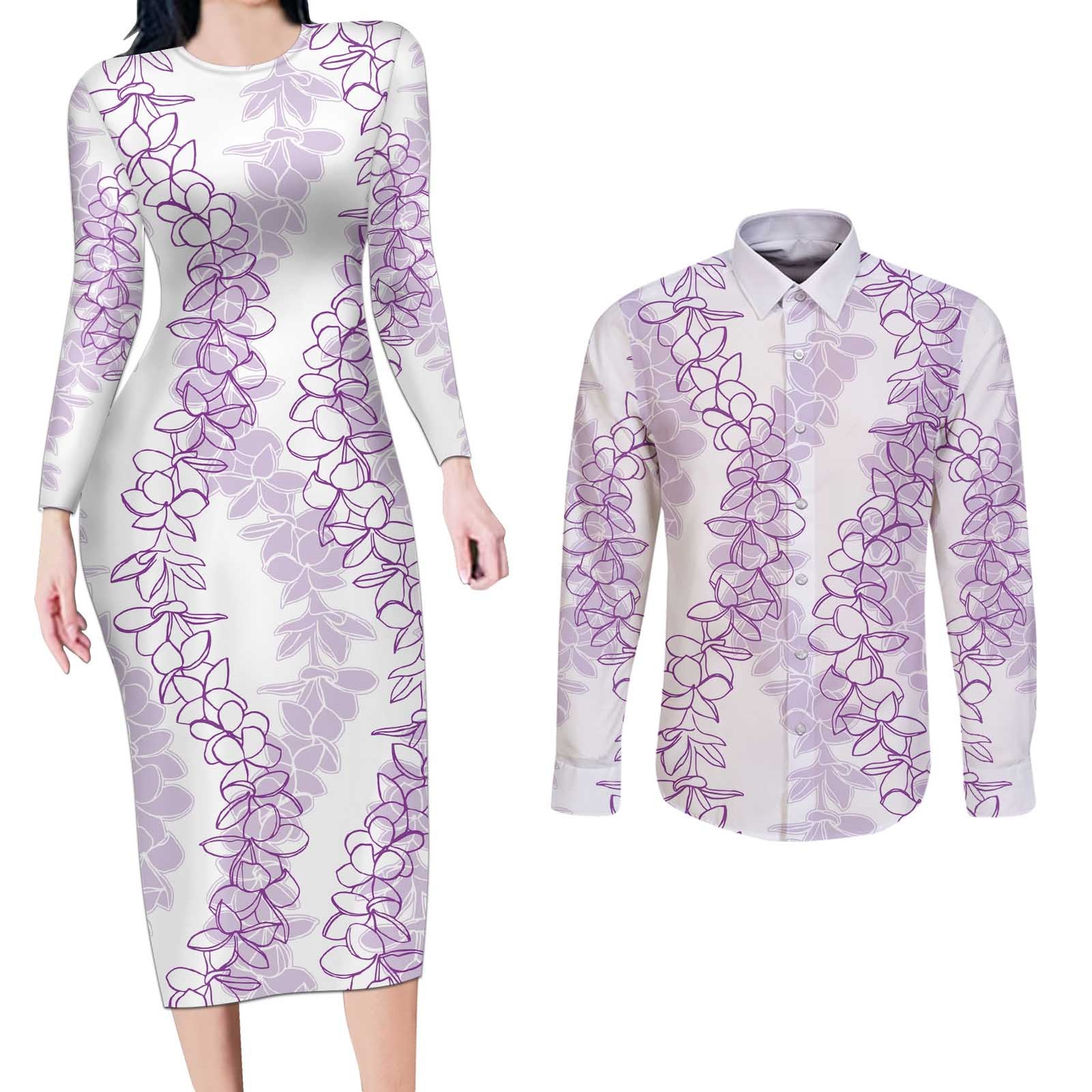 Hawaii Plumeria Lei Couples Matching Long Sleeve Bodycon Dress and Long Sleeve Button Shirt Aloha Festive Vibe - Amethyst