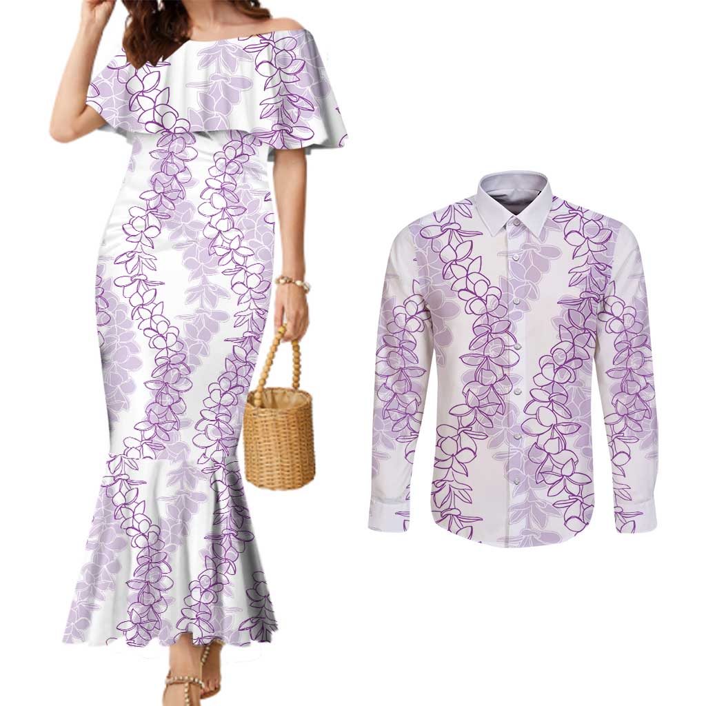 Hawaii Plumeria Lei Couples Matching Mermaid Dress and Long Sleeve Button Shirt Aloha Festive Vibe - Amethyst