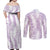Hawaii Plumeria Lei Couples Matching Off Shoulder Maxi Dress and Long Sleeve Button Shirt Aloha Festive Vibe - Amethyst