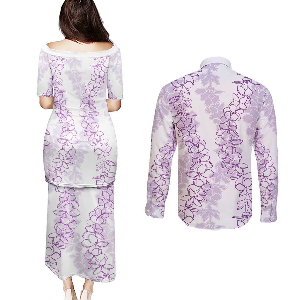Hawaii Plumeria Lei Couples Matching Puletasi and Long Sleeve Button Shirt Aloha Festive Vibe - Amethyst