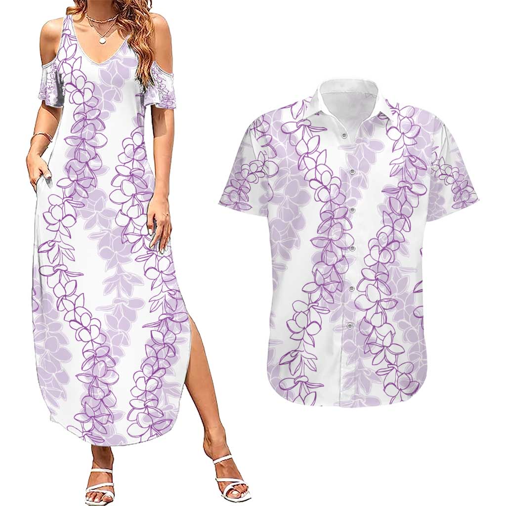 Hawaii Plumeria Lei Couples Matching Summer Maxi Dress and Hawaiian Shirt Aloha Festive Vibe - Amethyst