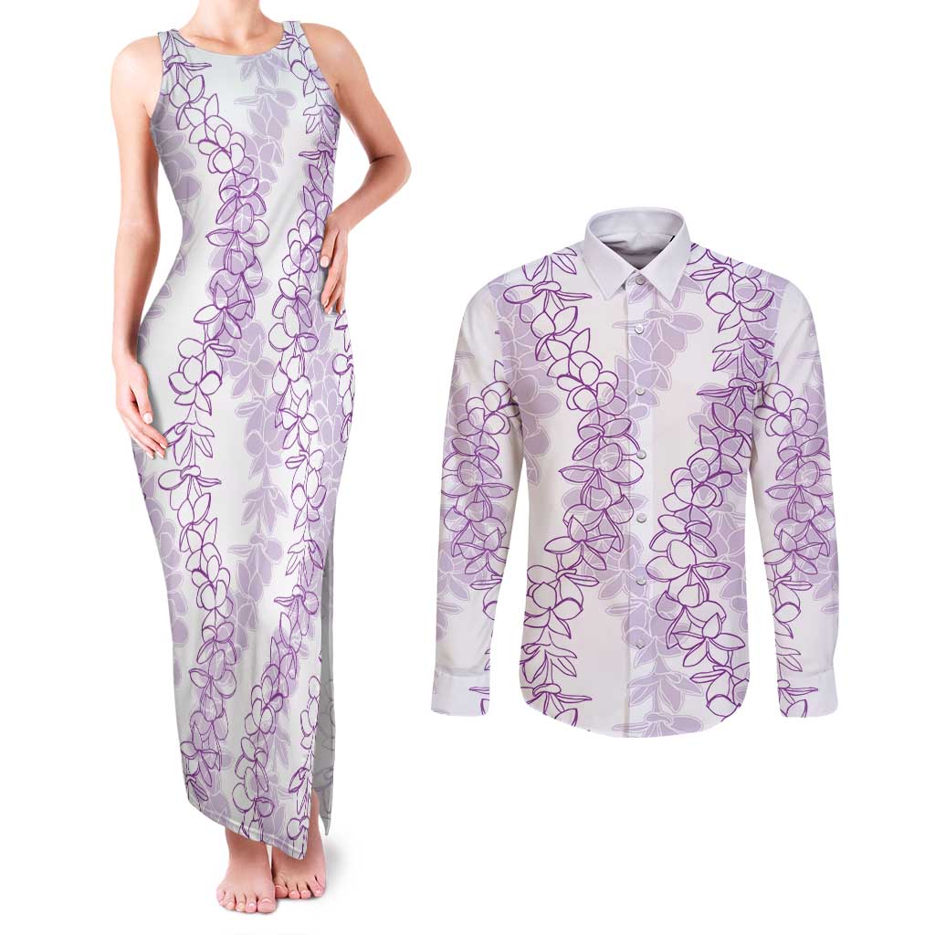 Hawaii Plumeria Lei Couples Matching Tank Maxi Dress and Long Sleeve Button Shirt Aloha Festive Vibe - Amethyst