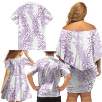 Hawaii Plumeria Lei Family Matching Off Shoulder Short Dress and Hawaiian Shirt Aloha Festive Vibe - Amethyst