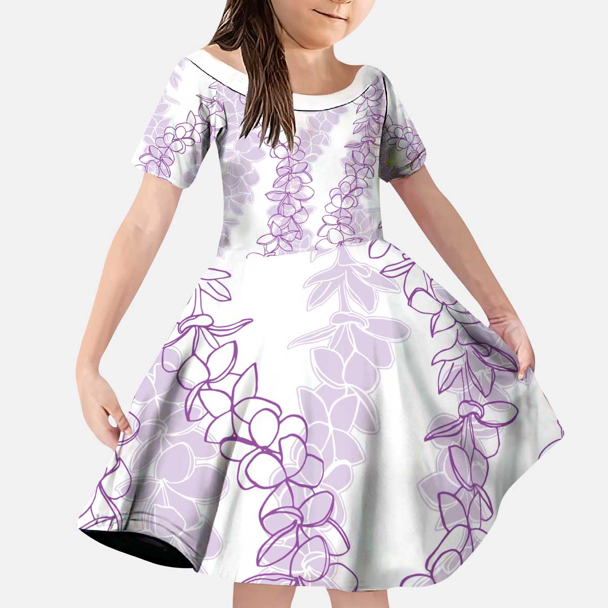 Hawaii Plumeria Lei Kid Short Sleeve Dress Aloha Festive Vibe - Amethyst