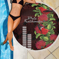 Hawaii Mele Kalikimaka Kakau Beach Blanket I'iwi Bird on Ohia Lehua