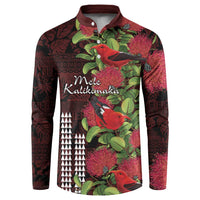 Hawaii Mele Kalikimaka Kakau Button Sweatshirt I'iwi Bird on Ohia Lehua