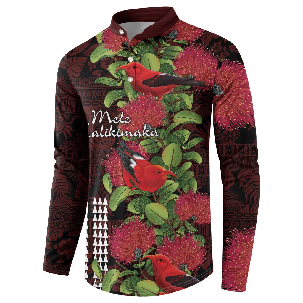 Hawaii Mele Kalikimaka Kakau Button Sweatshirt I'iwi Bird on Ohia Lehua