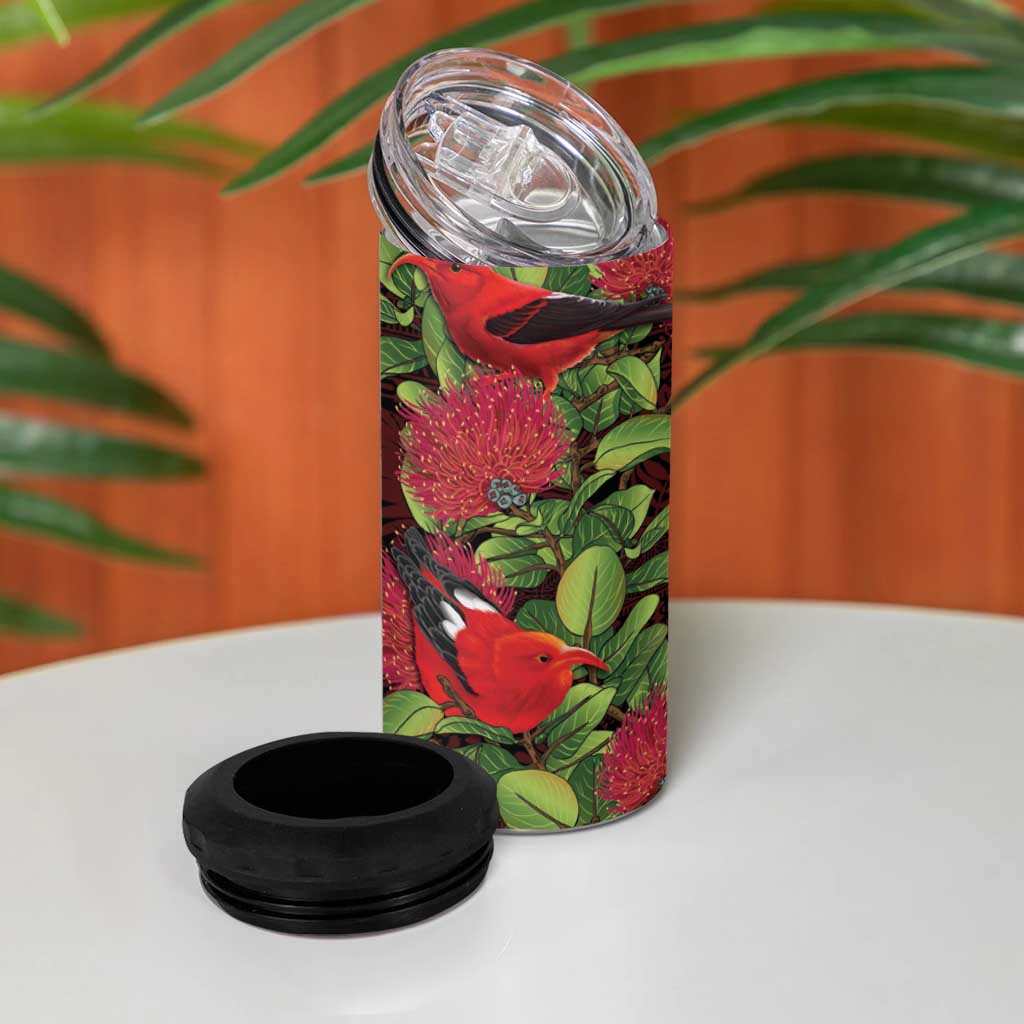 Hawaii Mele Kalikimaka Kakau 4 in 1 Can Cooler Tumbler I'iwi Bird on Ohia Lehua