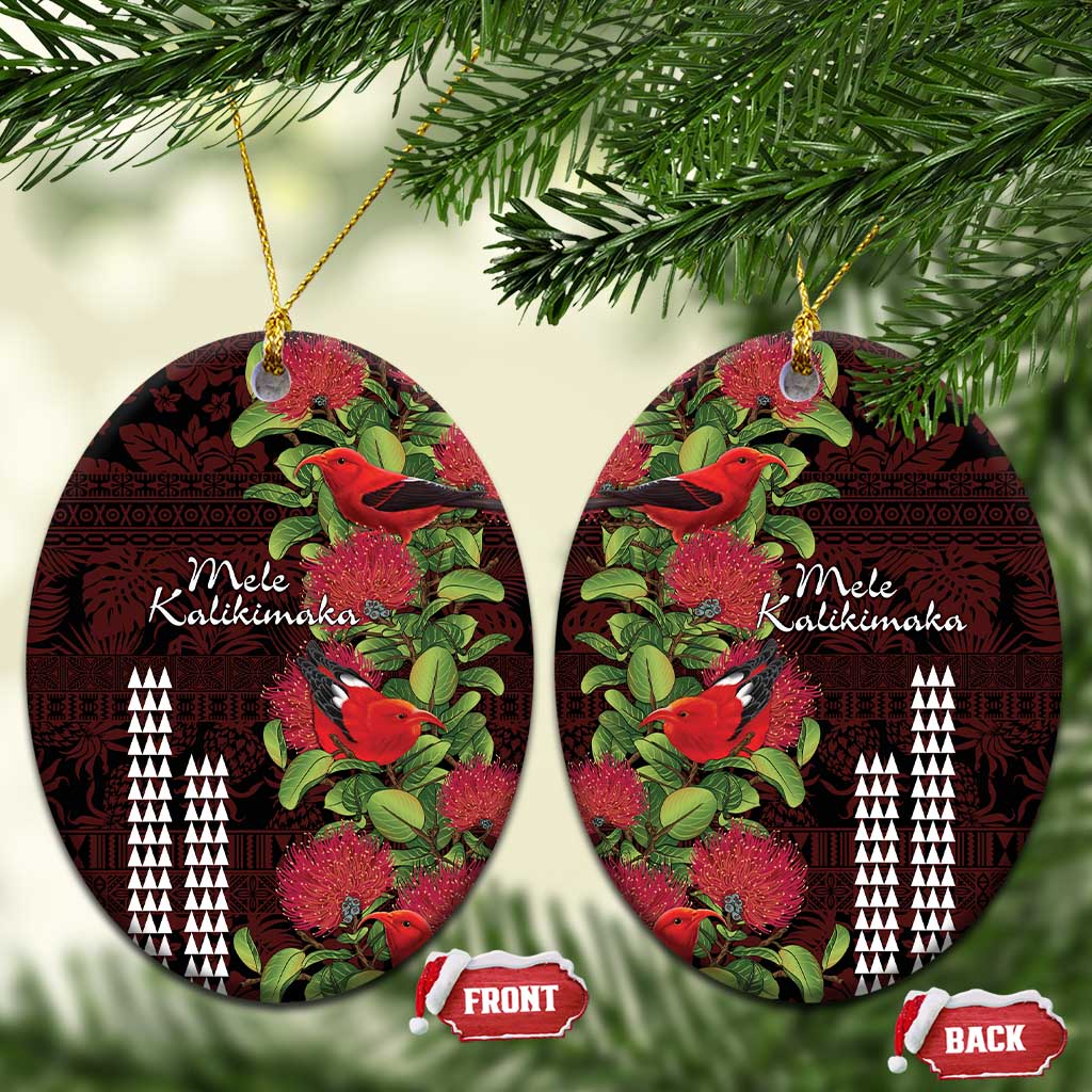 Hawaii Mele Kalikimaka Kakau Ceramic Ornament I'iwi Bird on Ohia Lehua