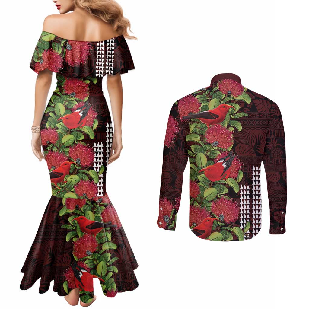 Hawaii Mele Kalikimaka Kakau Couples Matching Mermaid Dress and Long Sleeve Button Shirt I'iwi Bird on Ohia Lehua