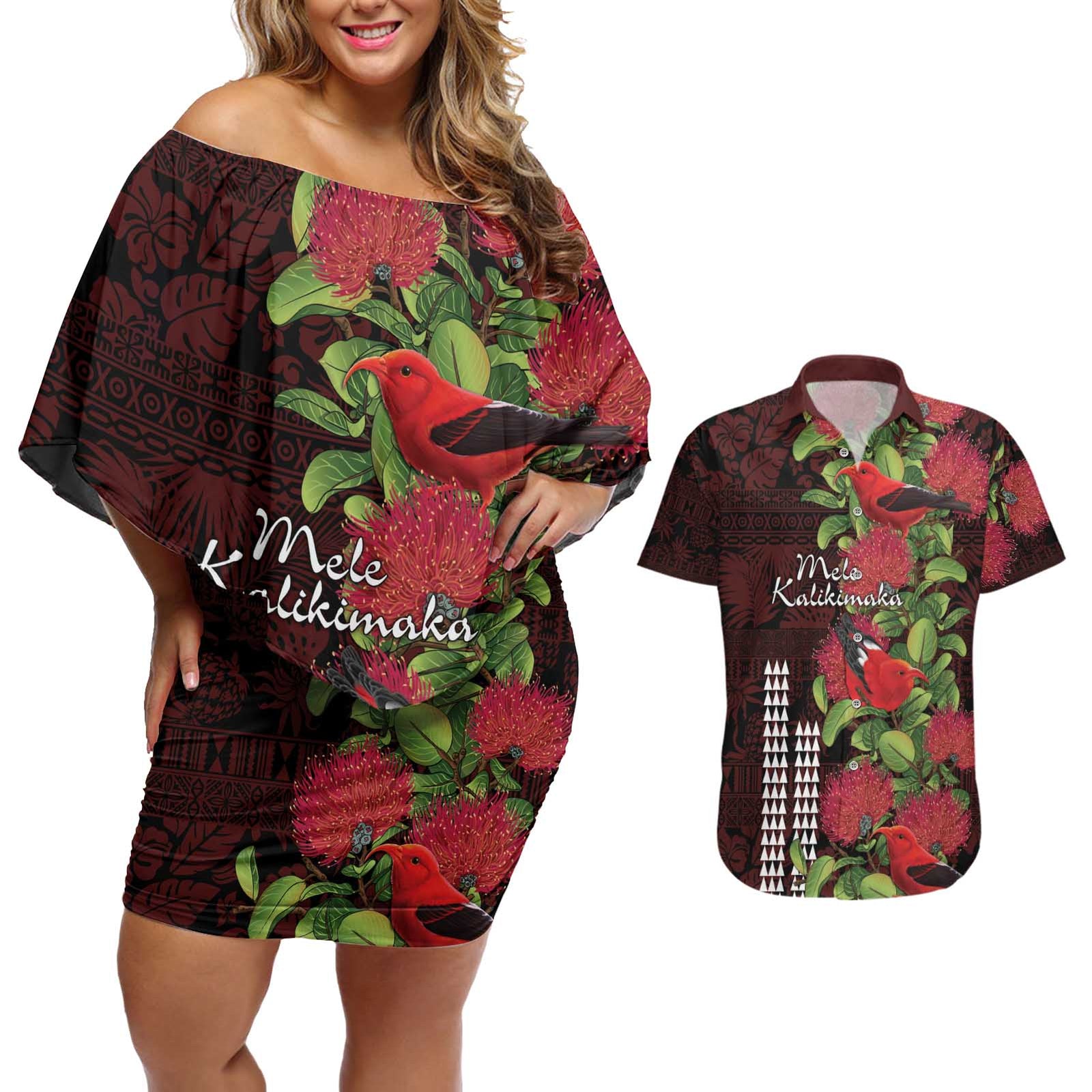 Hawaii Mele Kalikimaka Kakau Couples Matching Off Shoulder Short Dress and Hawaiian Shirt I'iwi Bird on Ohia Lehua