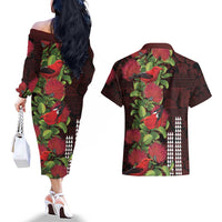 Hawaii Mele Kalikimaka Kakau Couples Matching Off The Shoulder Long Sleeve Dress and Hawaiian Shirt I'iwi Bird on Ohia Lehua