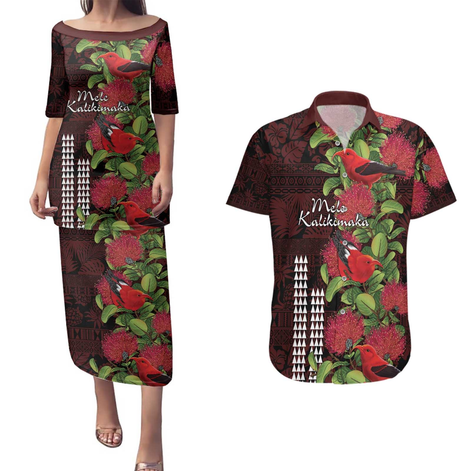 Hawaii Mele Kalikimaka Kakau Couples Matching Puletasi and Hawaiian Shirt I'iwi Bird on Ohia Lehua