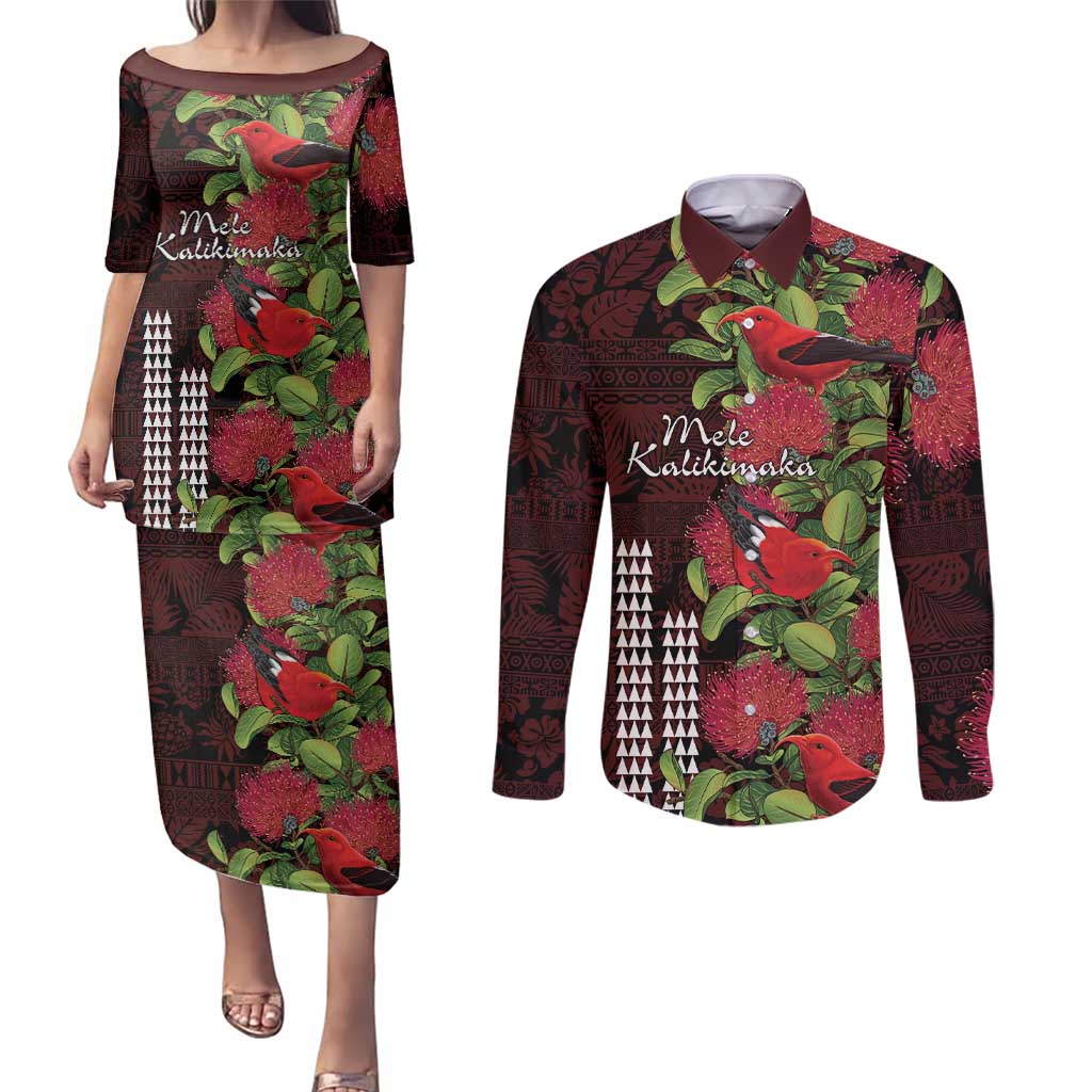 Hawaii Mele Kalikimaka Kakau Couples Matching Puletasi and Long Sleeve Button Shirt I'iwi Bird on Ohia Lehua