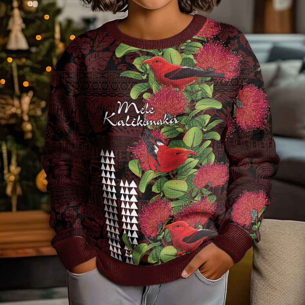 Hawaii Mele Kalikimaka Kakau Kid Ugly Christmas Sweater I'iwi Bird on Ohia Lehua