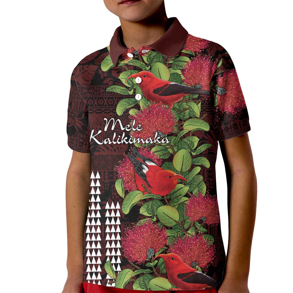 Hawaii Mele Kalikimaka Kakau Kid Polo Shirt I'iwi Bird on Ohia Lehua