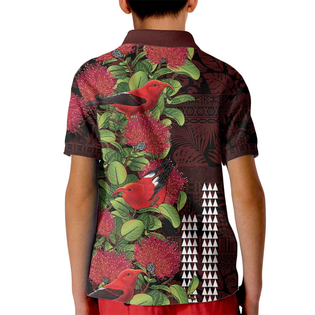 Hawaii Mele Kalikimaka Kakau Kid Polo Shirt I'iwi Bird on Ohia Lehua