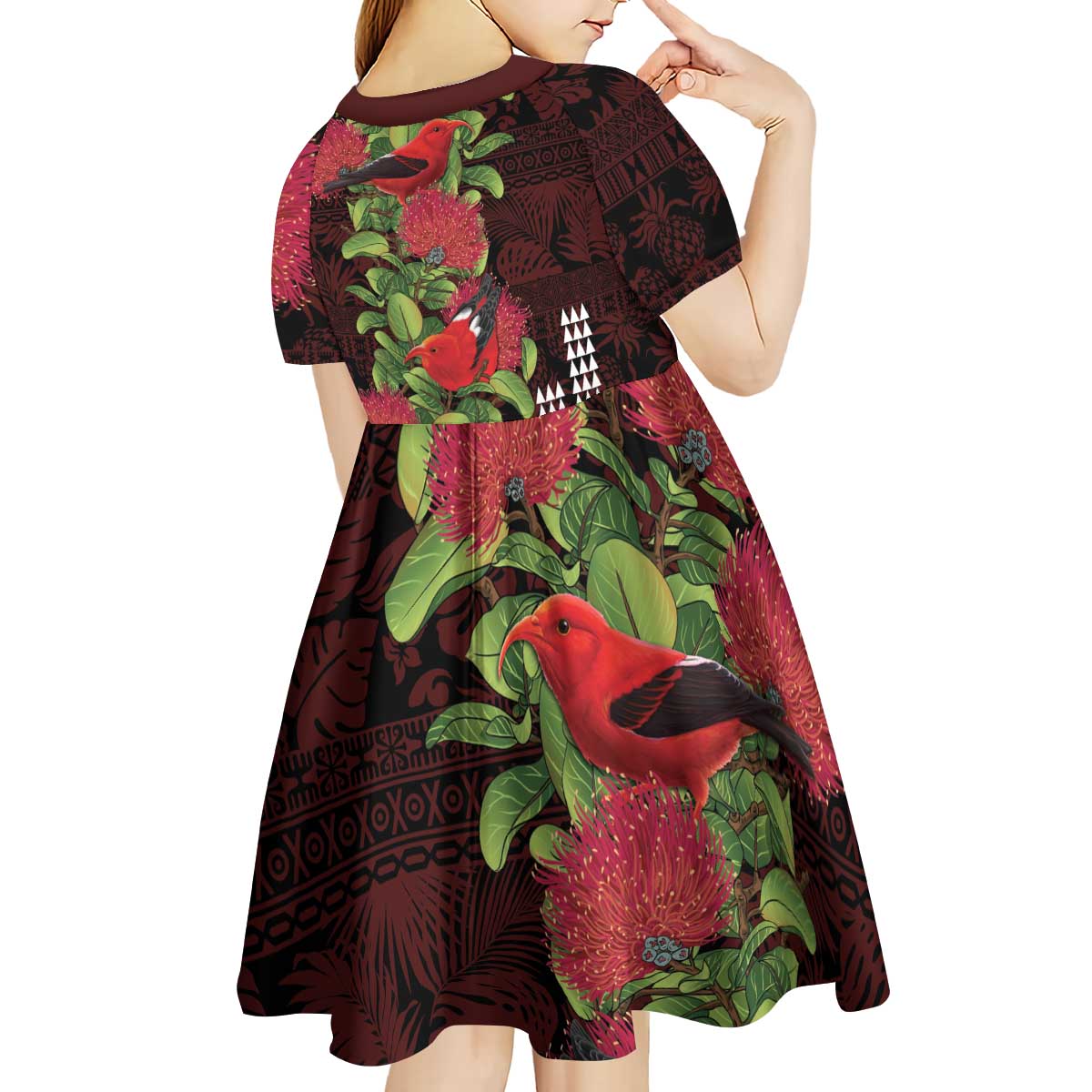 Hawaii Mele Kalikimaka Kakau Kid Short Sleeve Dress I'iwi Bird on Ohia Lehua