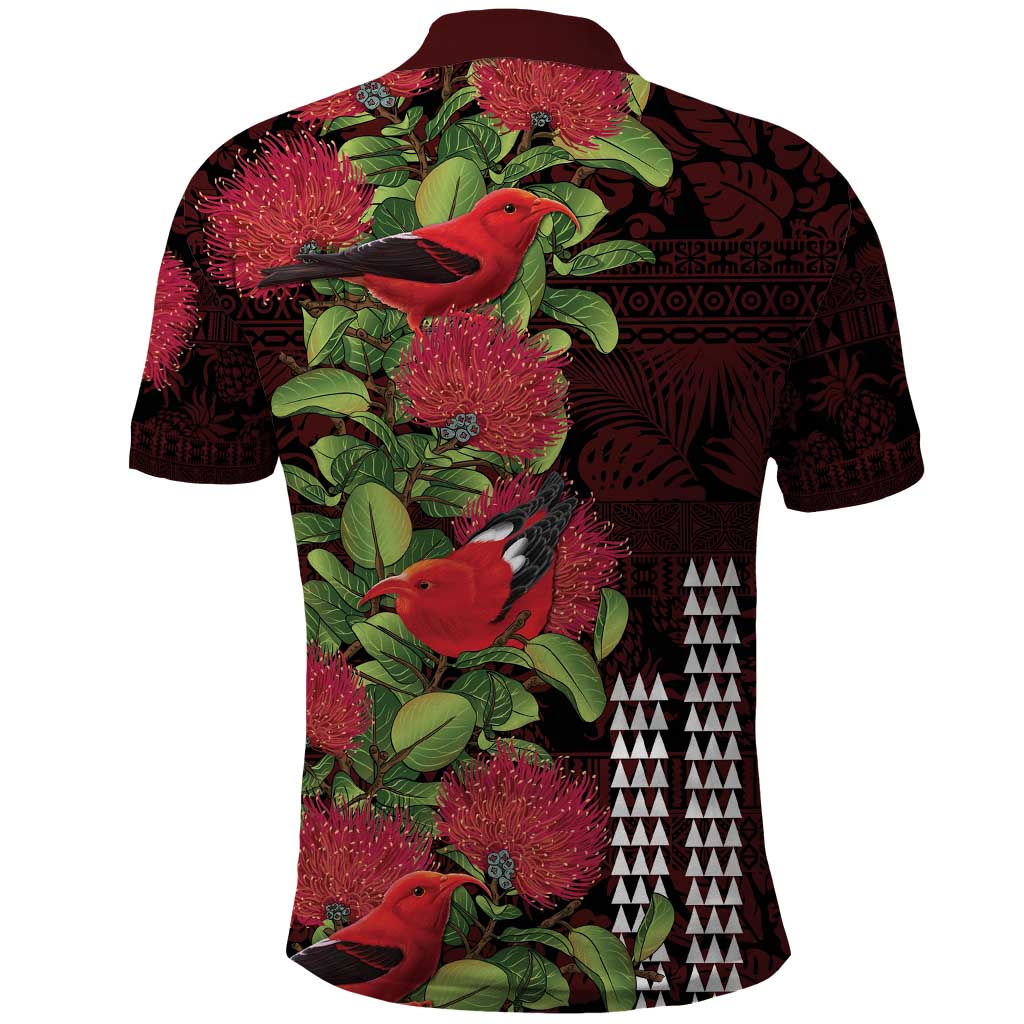 Hawaii Mele Kalikimaka Kakau Polo Shirt I'iwi Bird on Ohia Lehua