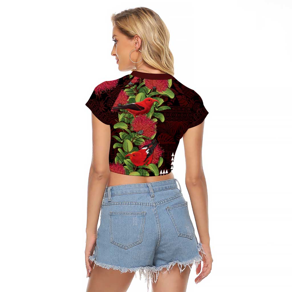 Hawaii Mele Kalikimaka Kakau Raglan Cropped T Shirt I'iwi Bird on Ohia Lehua