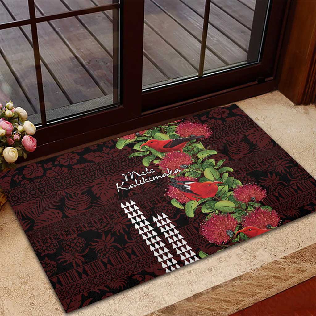 Hawaii Mele Kalikimaka Kakau Rubber Doormat I'iwi Bird on Ohia Lehua