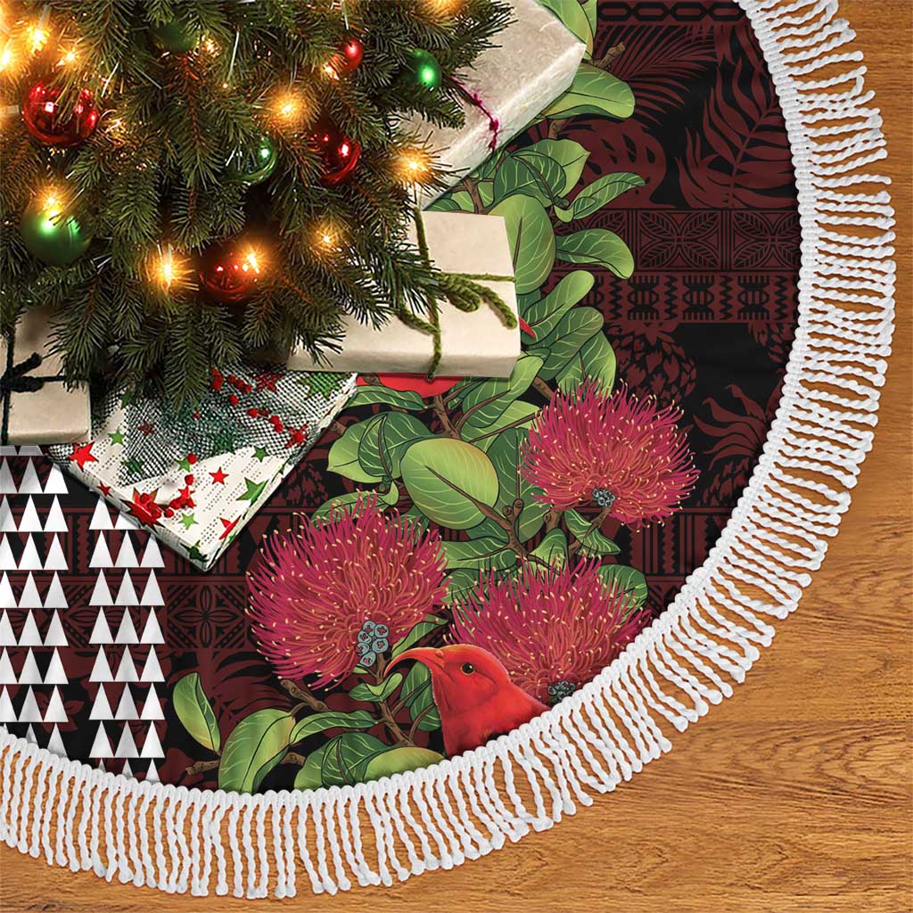 Hawaii Mele Kalikimaka Kakau Tree Skirt I'iwi Bird on Ohia Lehua