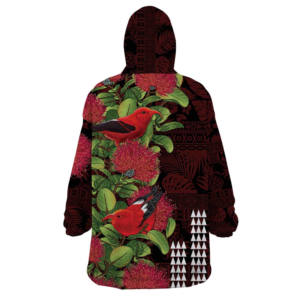 Hawaii Mele Kalikimaka Kakau Wearable Blanket Hoodie I'iwi Bird on Ohia Lehua