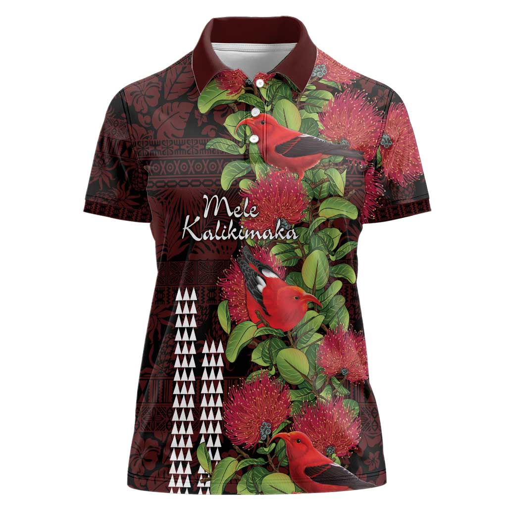 Hawaii Mele Kalikimaka Kakau Women Polo Shirt I'iwi Bird on Ohia Lehua