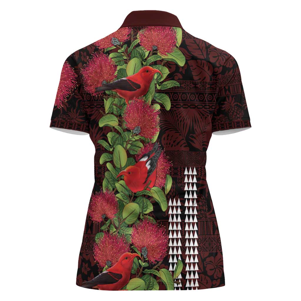 Hawaii Mele Kalikimaka Kakau Women Polo Shirt I'iwi Bird on Ohia Lehua