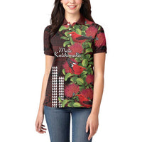 Hawaii Mele Kalikimaka Kakau Women Polo Shirt I'iwi Bird on Ohia Lehua