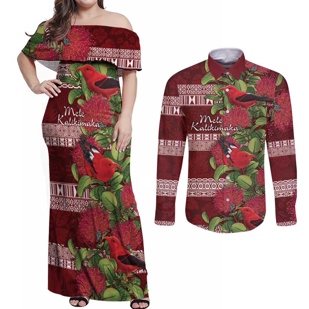 Hawaii Christmas Mele Kalikimaka Couples Matching Off Shoulder Maxi Dress and Long Sleeve Button Shirt I'iwi Bird on Ohia Lehua