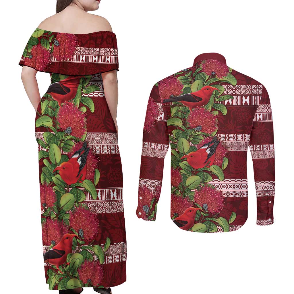 Hawaii Christmas Mele Kalikimaka Couples Matching Off Shoulder Maxi Dress and Long Sleeve Button Shirt I'iwi Bird on Ohia Lehua