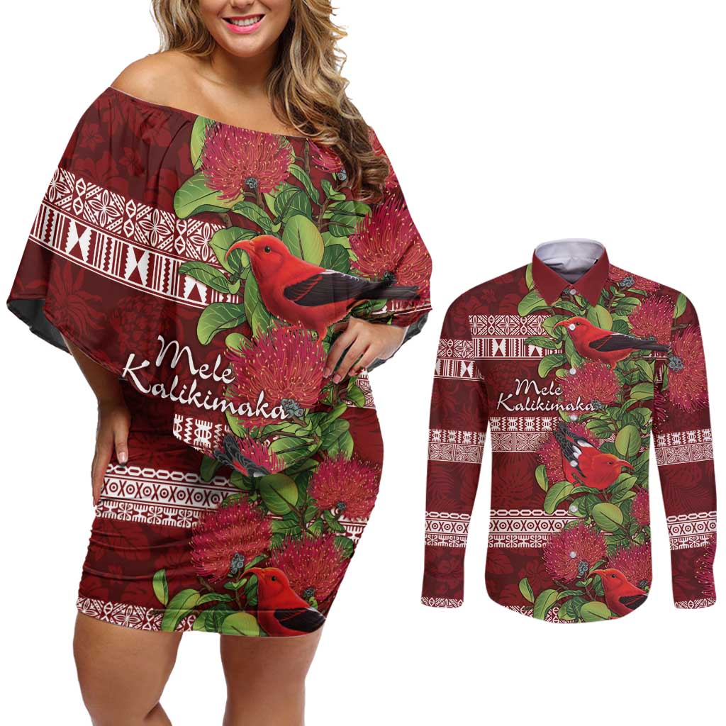 Hawaii Christmas Mele Kalikimaka Couples Matching Off Shoulder Short Dress and Long Sleeve Button Shirt I'iwi Bird on Ohia Lehua