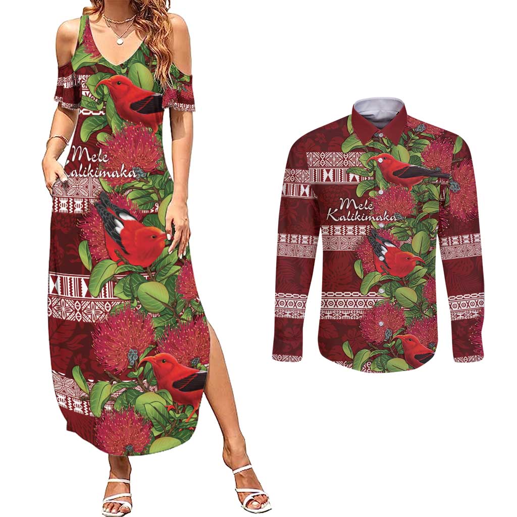 Hawaii Christmas Mele Kalikimaka Couples Matching Summer Maxi Dress and Long Sleeve Button Shirt I'iwi Bird on Ohia Lehua LT7 Red White - Polynesian Pride