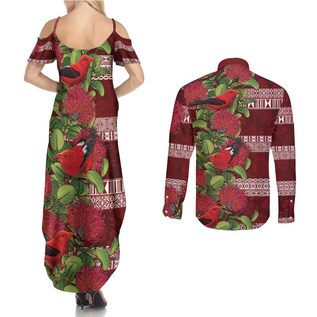 Hawaii Christmas Mele Kalikimaka Couples Matching Summer Maxi Dress and Long Sleeve Button Shirt I'iwi Bird on Ohia Lehua LT7 - Polynesian Pride