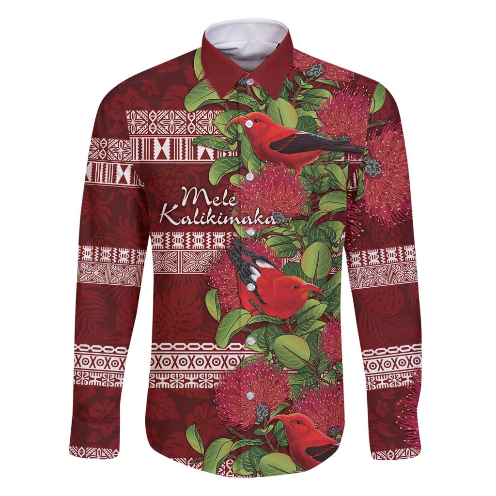 Hawaii Christmas Mele Kalikimaka Family Matching Mermaid Dress and Hawaiian Shirt I'iwi Bird on Ohia Lehua LT7 Dad's Shirt - Long Sleeve Red White - Polynesian Pride