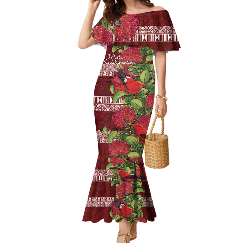 Hawaii Christmas Mele Kalikimaka Family Matching Mermaid Dress and Hawaiian Shirt I'iwi Bird on Ohia Lehua LT7 Mom's Dress Red White - Polynesian Pride