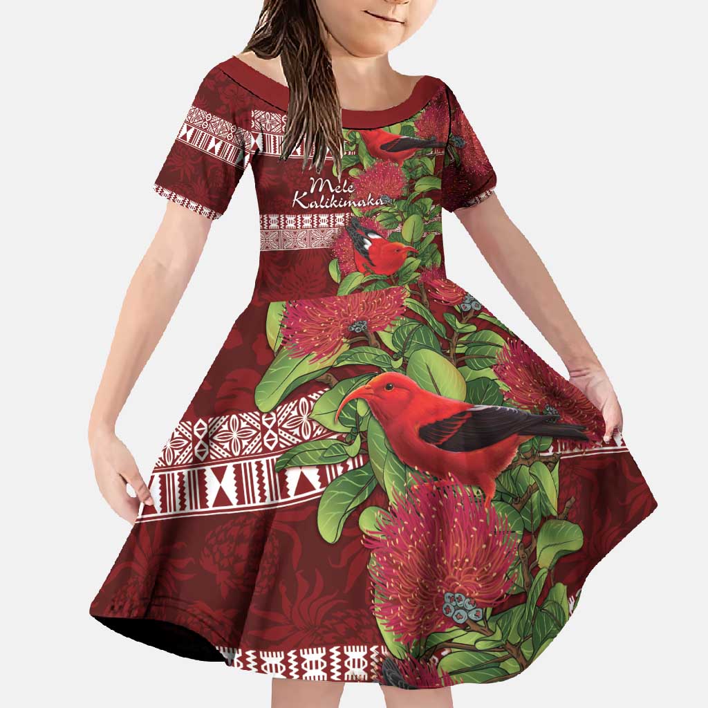 Hawaii Christmas Mele Kalikimaka Family Matching Short Sleeve Bodycon Dress and Hawaiian Shirt I'iwi Bird on Ohia Lehua LT7 Daughter's Dress Red White - Polynesian Pride