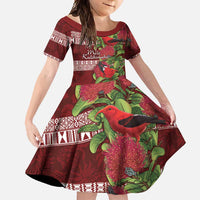 Hawaii Christmas Mele Kalikimaka Family Matching Short Sleeve Bodycon Dress and Hawaiian Shirt I'iwi Bird on Ohia Lehua LT7 Daughter's Dress Red White - Polynesian Pride