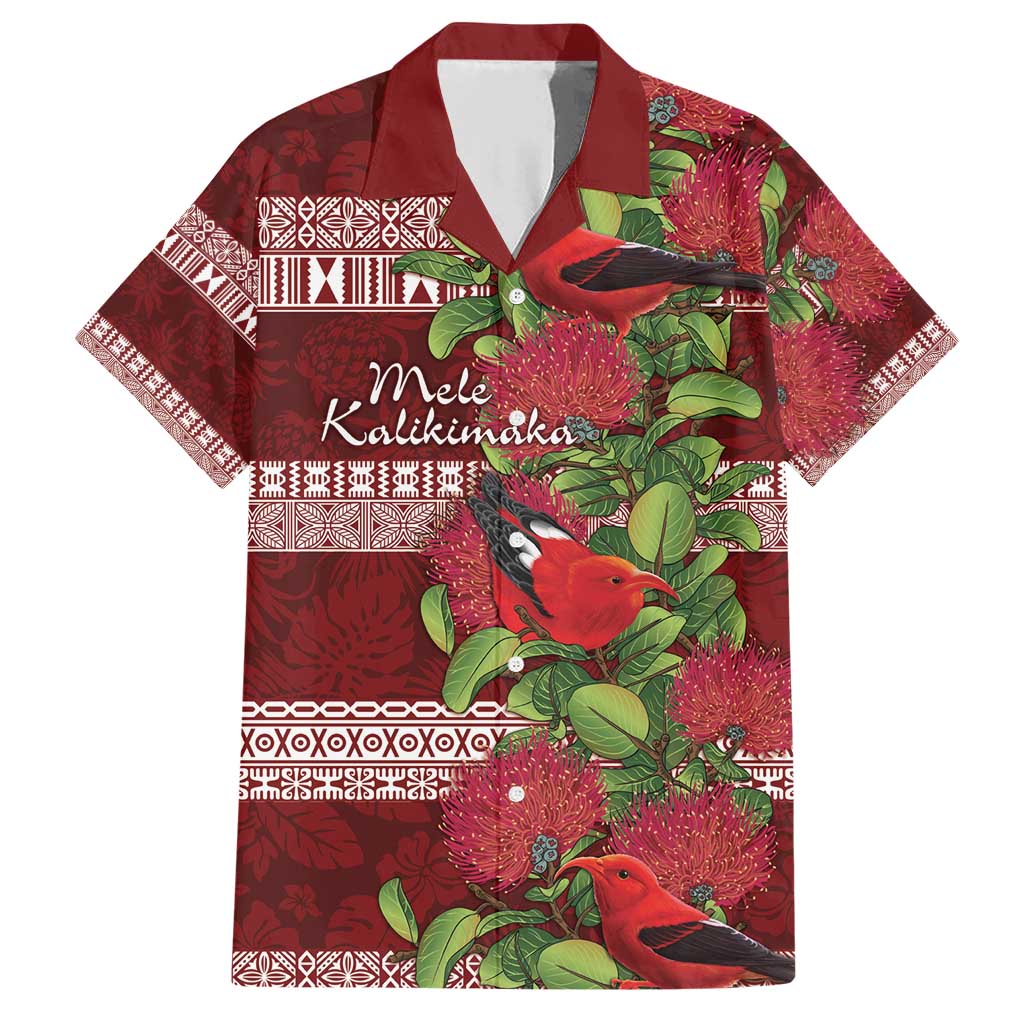 Hawaii Christmas Mele Kalikimaka Family Matching Short Sleeve Bodycon Dress and Hawaiian Shirt I'iwi Bird on Ohia Lehua LT7 Dad's Shirt - Short Sleeve Red White - Polynesian Pride