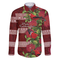 Hawaii Christmas Mele Kalikimaka Family Matching Short Sleeve Bodycon Dress and Hawaiian Shirt I'iwi Bird on Ohia Lehua LT7 Dad's Shirt - Long Sleeve Red White - Polynesian Pride