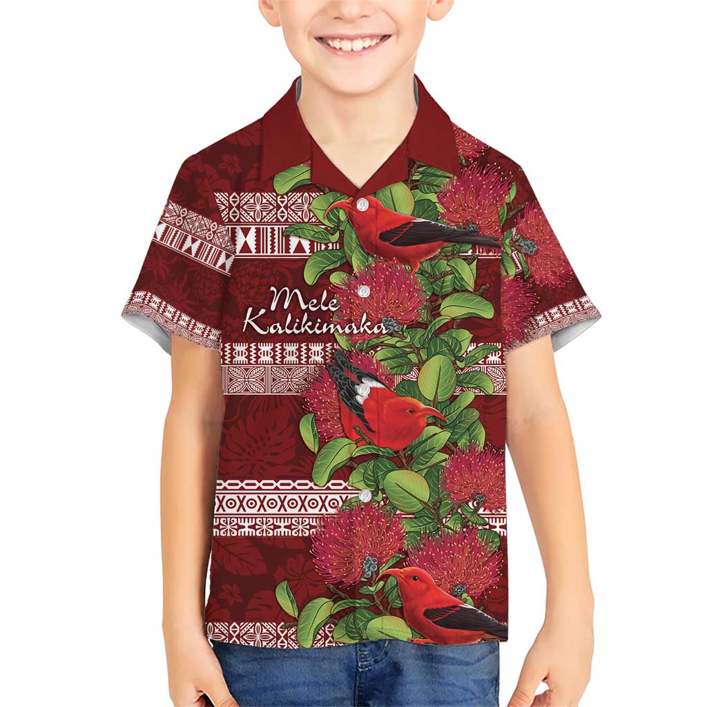 Hawaii Christmas Mele Kalikimaka Family Matching Short Sleeve Bodycon Dress and Hawaiian Shirt I'iwi Bird on Ohia Lehua LT7 Son's Shirt Red White - Polynesian Pride